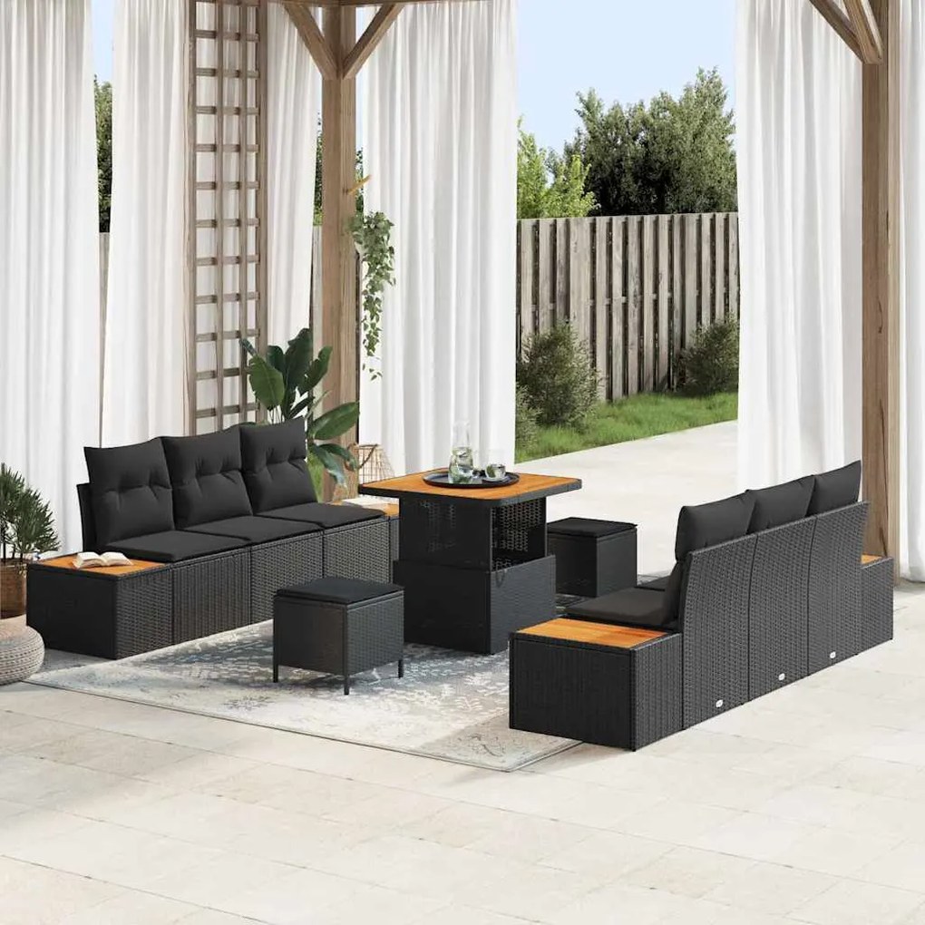 vidaXL Conjunto de Sofá de Jardim 9 pcs Preto Rattan Sintético