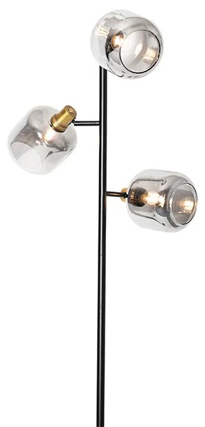 Candeeiro de pé preto com dourado e vidro fumê 3 luzes - Zuzanna Moderno