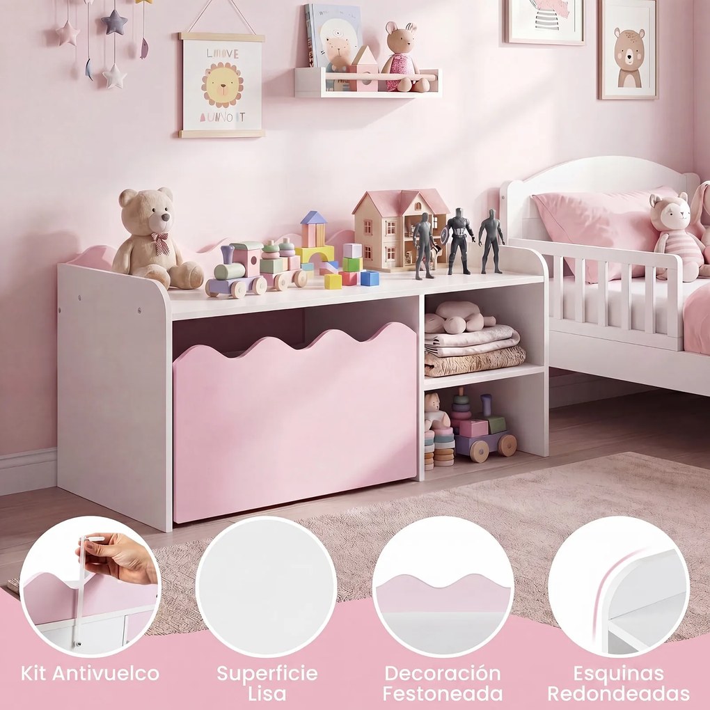 Secretária Infantil com Estante Aberta, 89,5 x 40 x 45 cm, Caixa de Arrumação com Rodas, Rosa