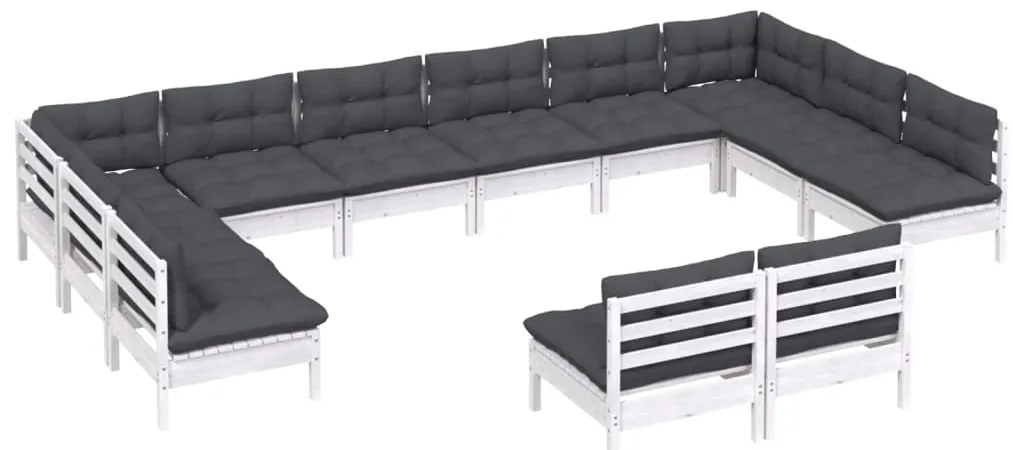 12 pcs conj. lounge de jardim c/ almofadões pinho maciço branco