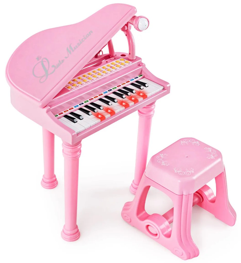 Teclado de piano eletrónico infantil com 31 teclas, piano de brinquedo portátil com banco e microfone LED 35 x 30 x 55 cm Rosa