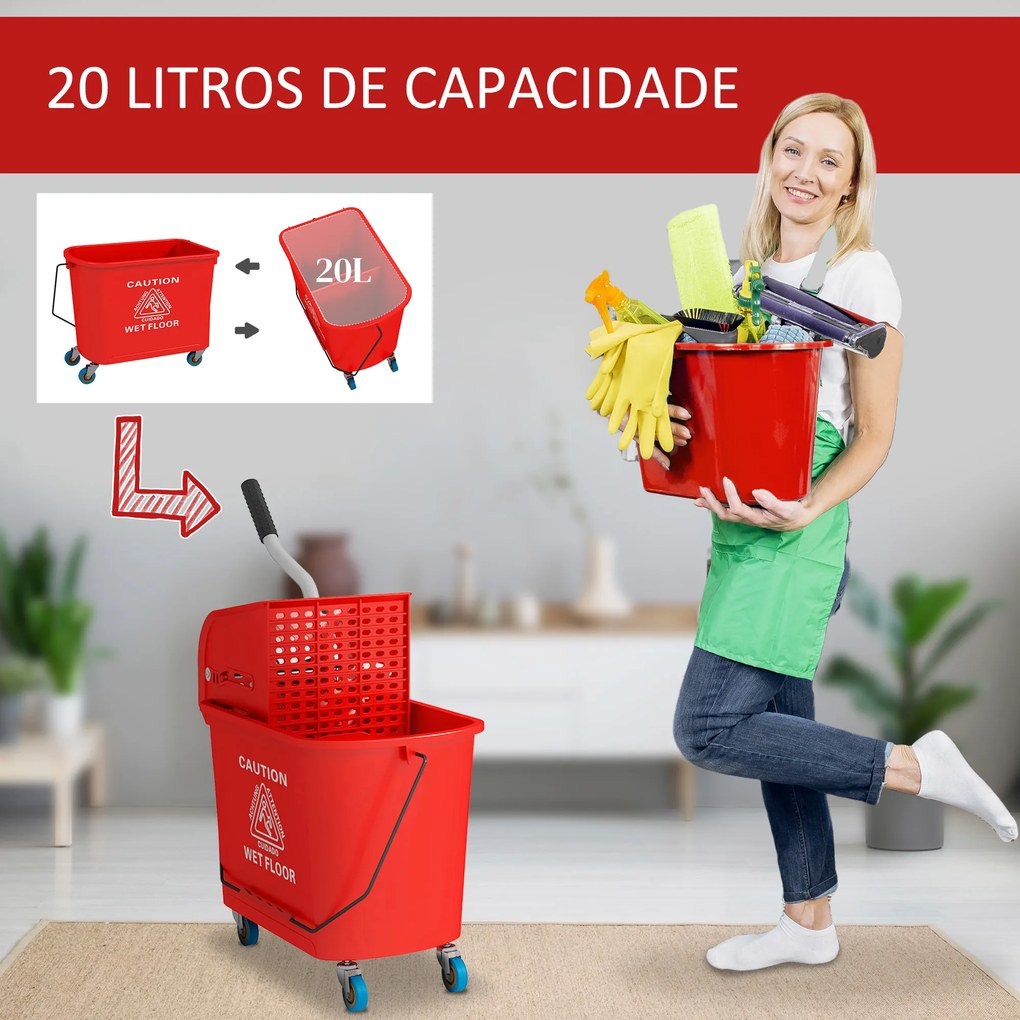 Balde de Limpeza 20L com Rodas e Espremedor Balde para Esfregona com Separador de Água 60x27x70,5 cm Vermelho