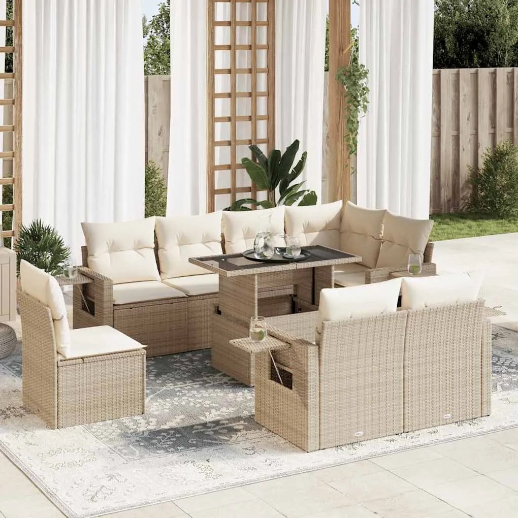 vidaXL 9 pcs conjunto de sofás p/ jardim com almofadões vime PE bege