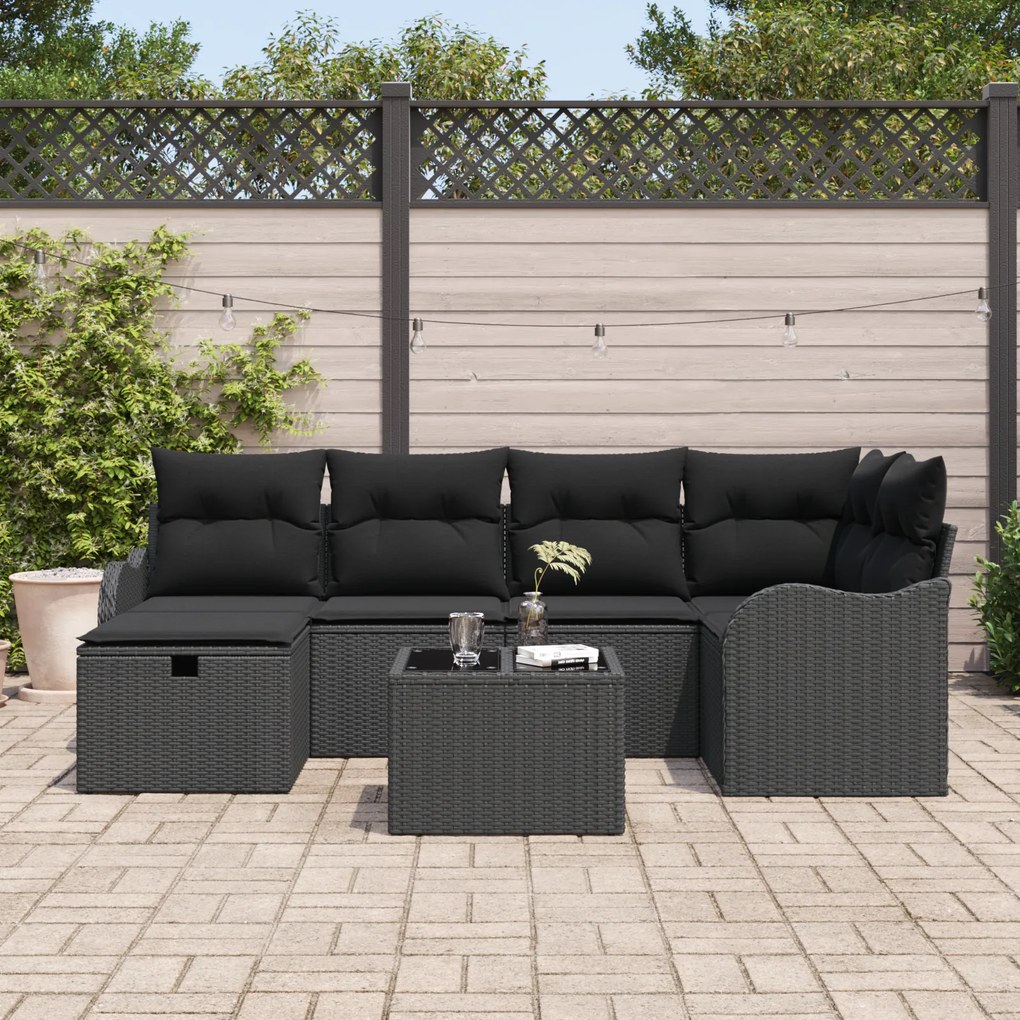 Conjunto de Sofá de Jardim vidaXL de 7 Peças com Almofadas Preto Ratta