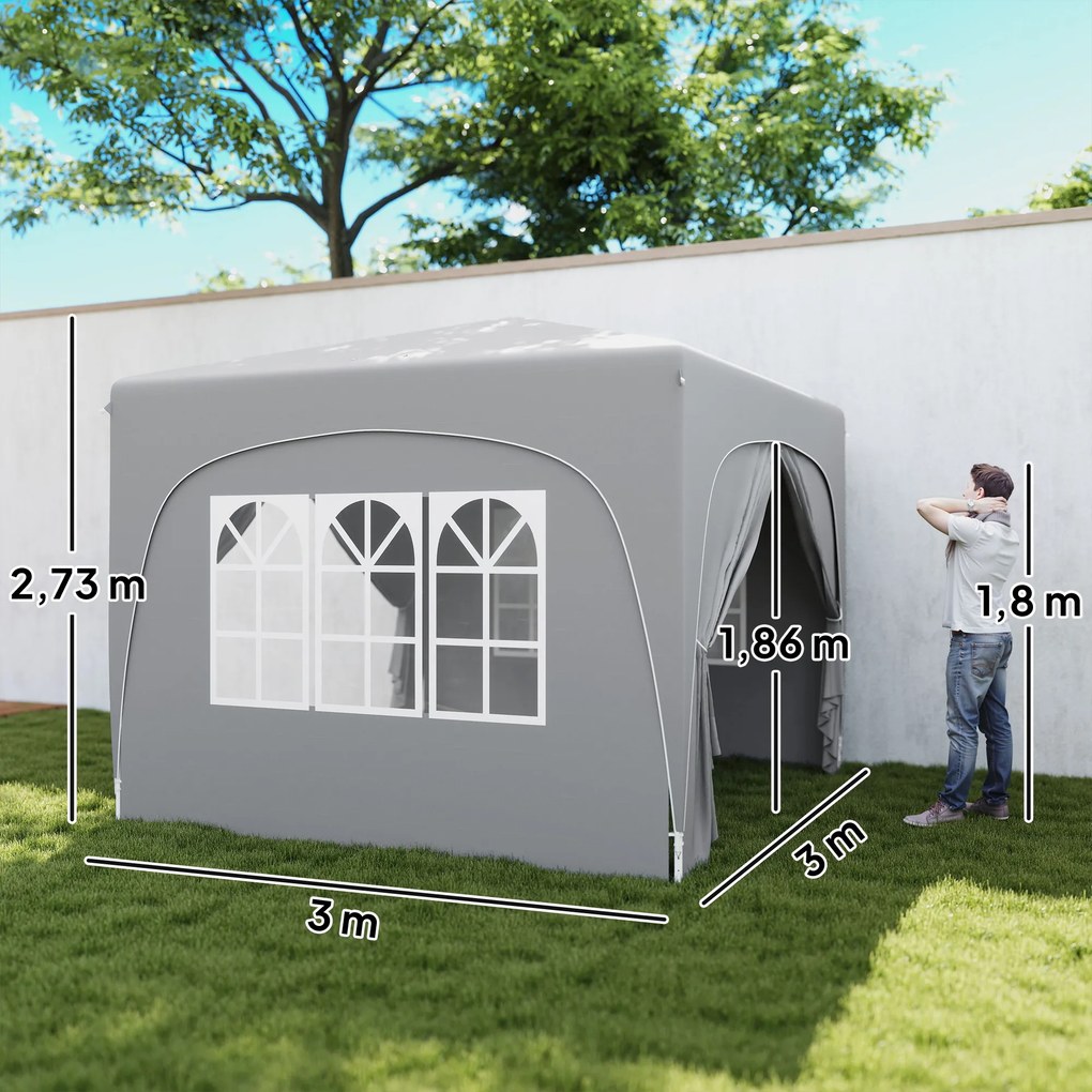 Tenda Dobrável 3x3 m com Painéis Laterais UPF50+ Tenda de Jardim com Altura Ajustável e Bolsa de Transporte Cinza Claro