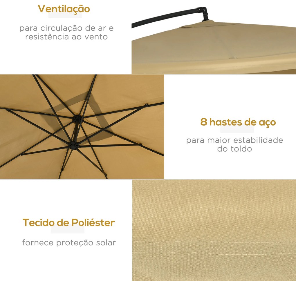 Outsunny Chapéu de Sol de Jardim 296x296x265cm Chapéu de Sol Excêntrico com Rede Mosquiteira manivela Base Cruzada e Suporte de Aço para varanda Pátio Exterior Bege