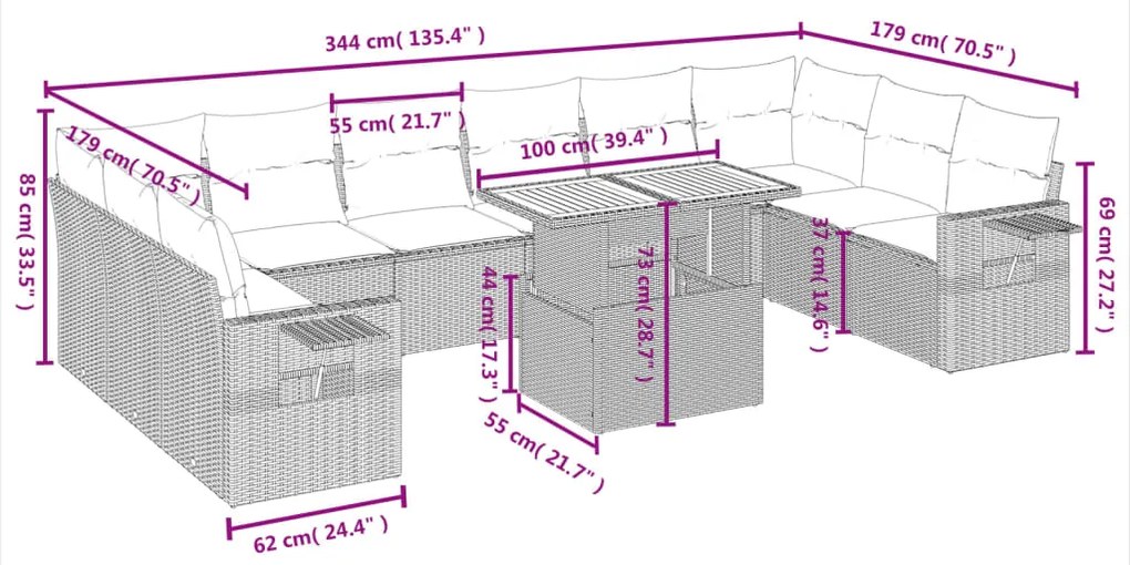 11 pcs conjunto sofás de jardim c/ almofadões vime PE cinzento