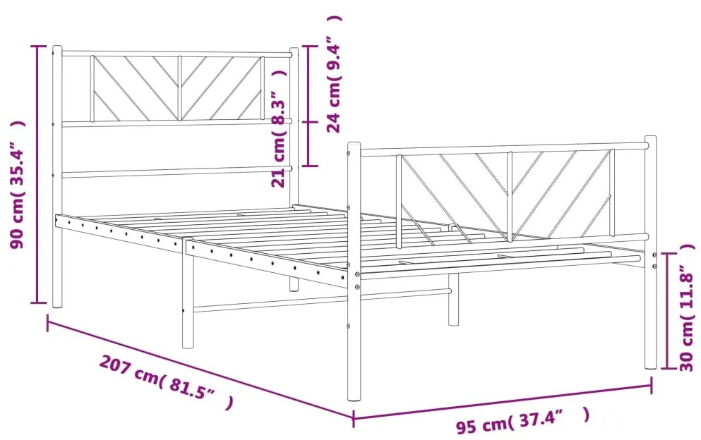 Estrutura de cama com cabeceira e pés 90x200 cm metal branco