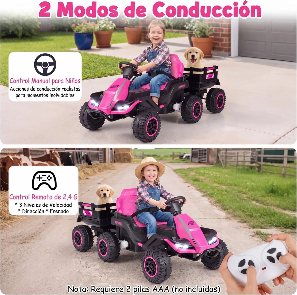 Trator Elétrico Infantil para crianças 3 a 6 anos com Reboque, 152 x 68 x 60 cm, Reboque Removível 2 em 1, Rosa