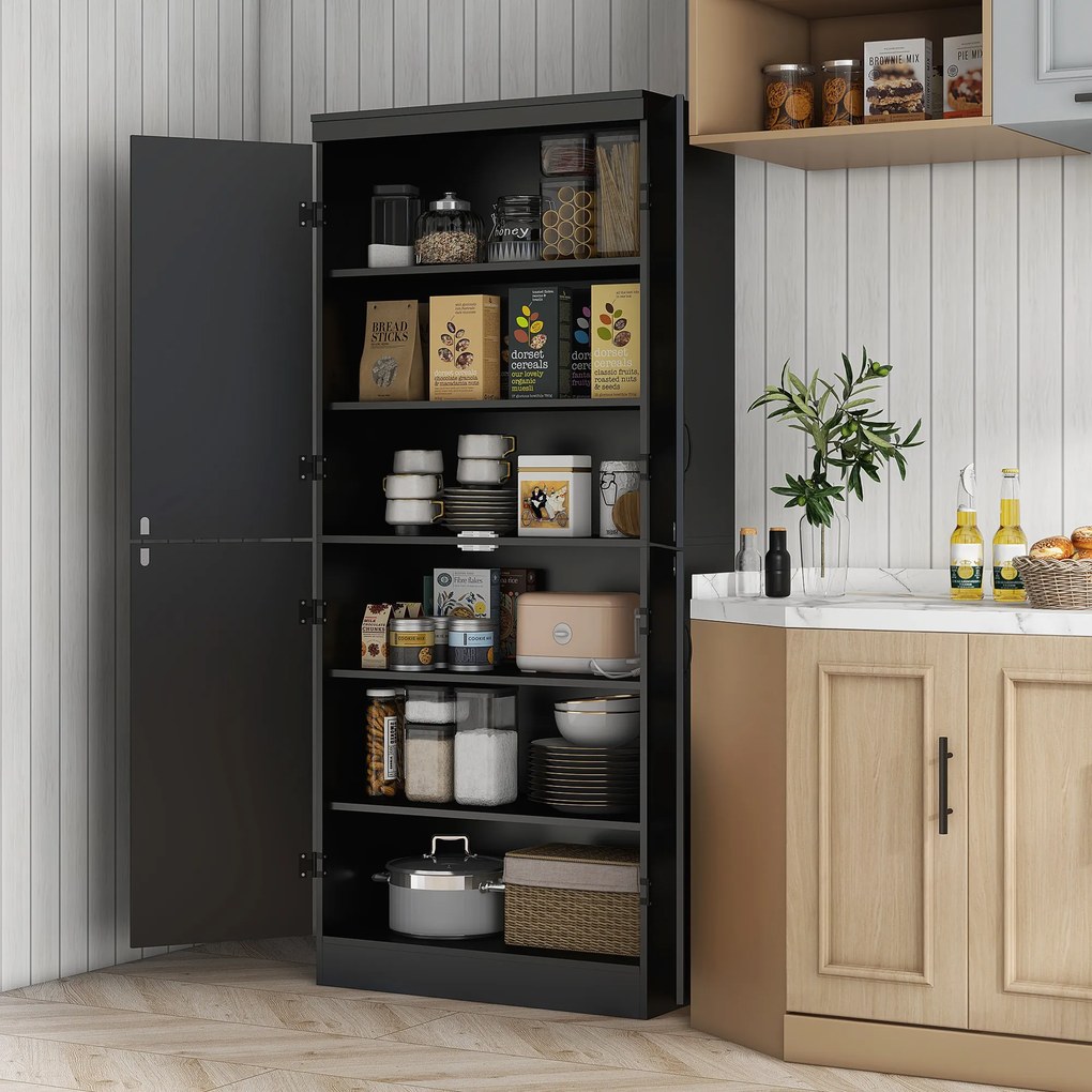 Armário de cozinha 76 x 40 x 176,7 cm, com 4 portas, 6 níveis e prateleiras ajustáveis, preto
