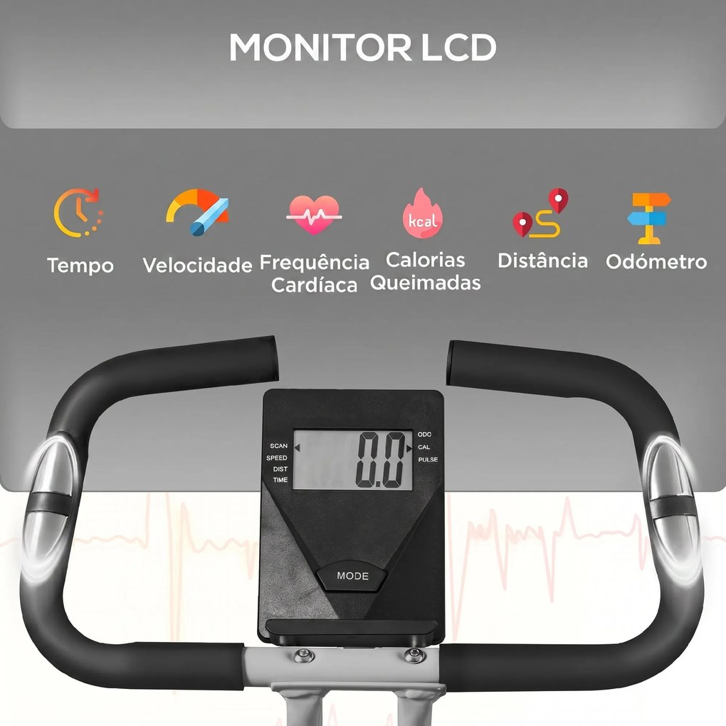 Bicicleta Estática Dobrável Silenciosa com 8 Níveis de Resistência Monitor LCD Assento Ajustável e Rodas Cinza