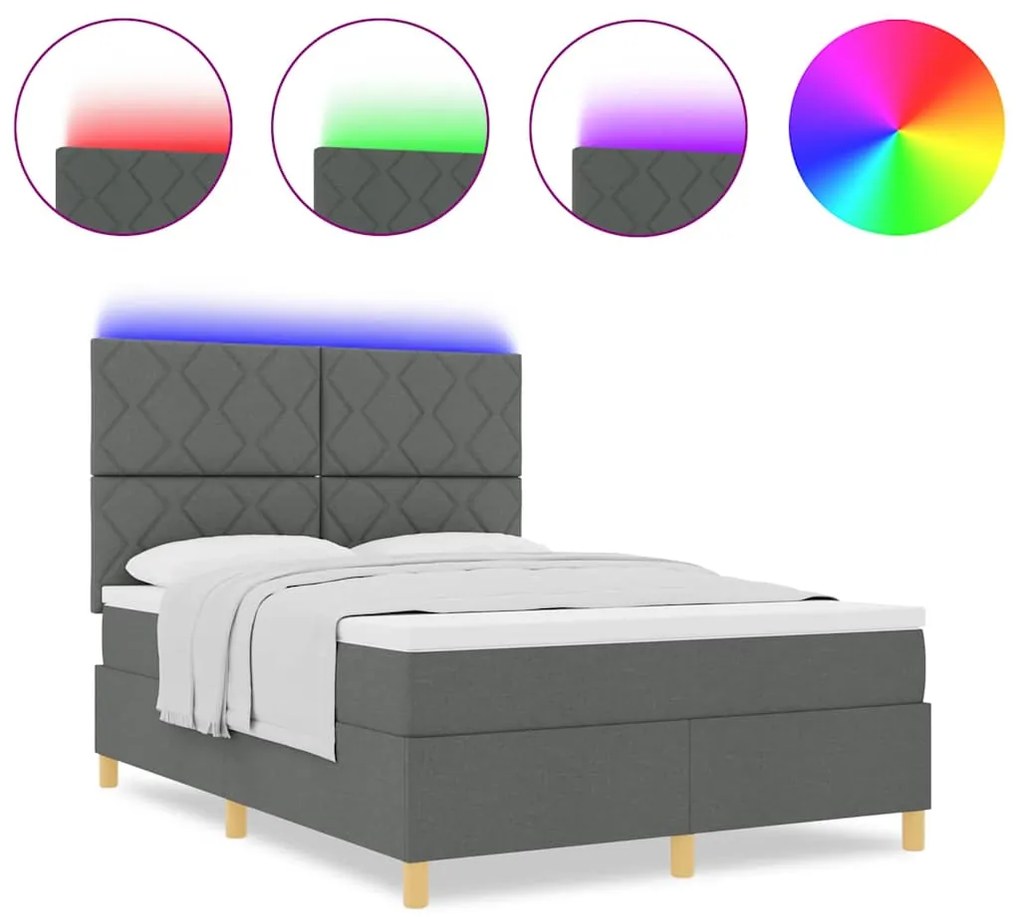 Cama Box Spring com Colchão &amp; LED Cinza Escuro 140x200 cm Tecido