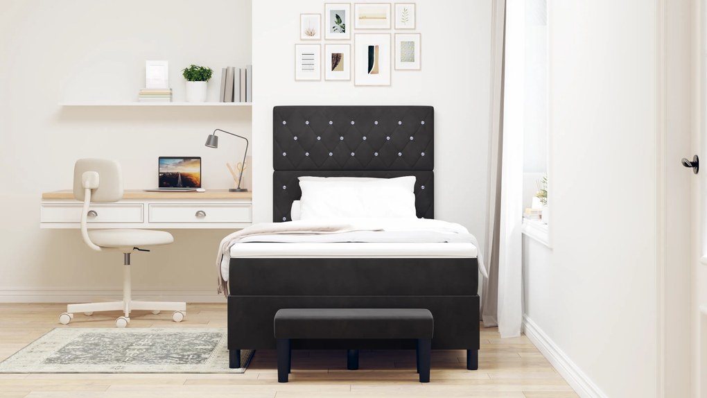 Cama Box Spring com Colchão e Banco Preto 120x200 cm Veludo
