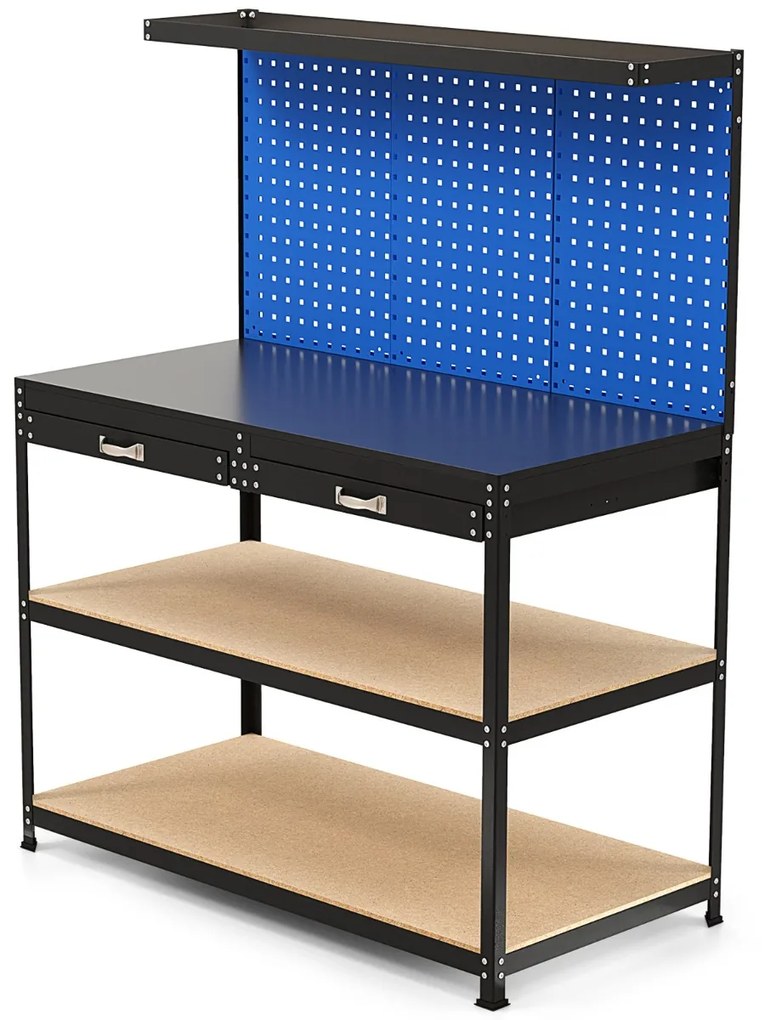 Mesa de trabalho metálica para ferramentas com painéis de perfuração de 3 furos Gaveta e Estantes 24 Ganchos 121 x 61 x 156 cm-Azul marinho