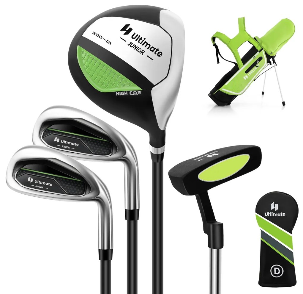 Conjunto de Tacos de Golfe para Crianças dos 8 aos 10 Anos Inclui Saco de Apoio com Capuz para Chuva Nº 1 Driver Nº 1 Irons e Nº 7 Putter#S Verde