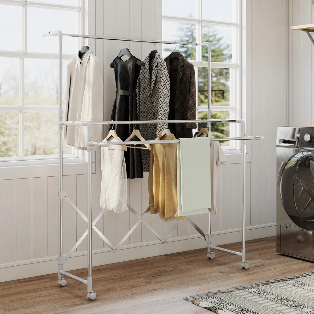 Estendal Vertical Dobrável de 3 Níveis Estendal de Aço Inoxidável com 3 Barras Ajustáveis e Extensíveis 4 Rodas 104-150x103x145-197 cm Prateado