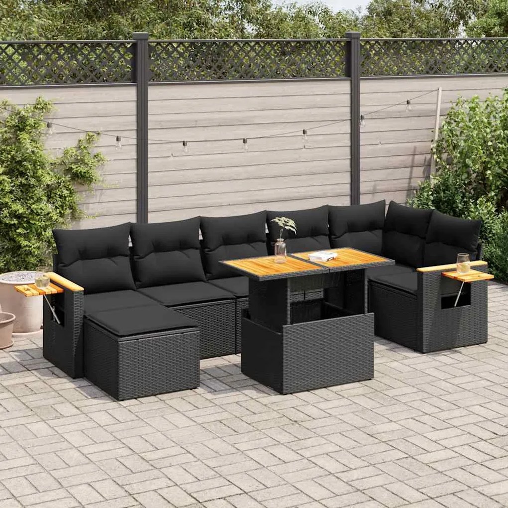 8 pcs conjunto sofás jardim com almofadões vime PE/acácia preto