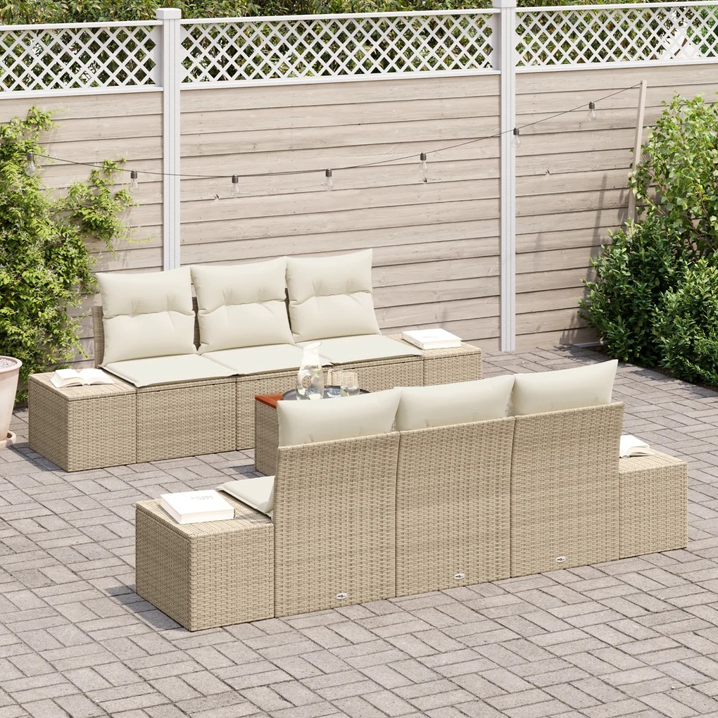 Conjunto de Sofá de Jardim de 7 Peças com Almofadas Bege Rattan Poly A