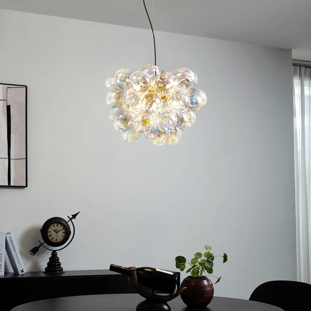 Candeeiro suspenso Art Déco dourado com vidro arco-íris 50cm 8-luzes - Uvas