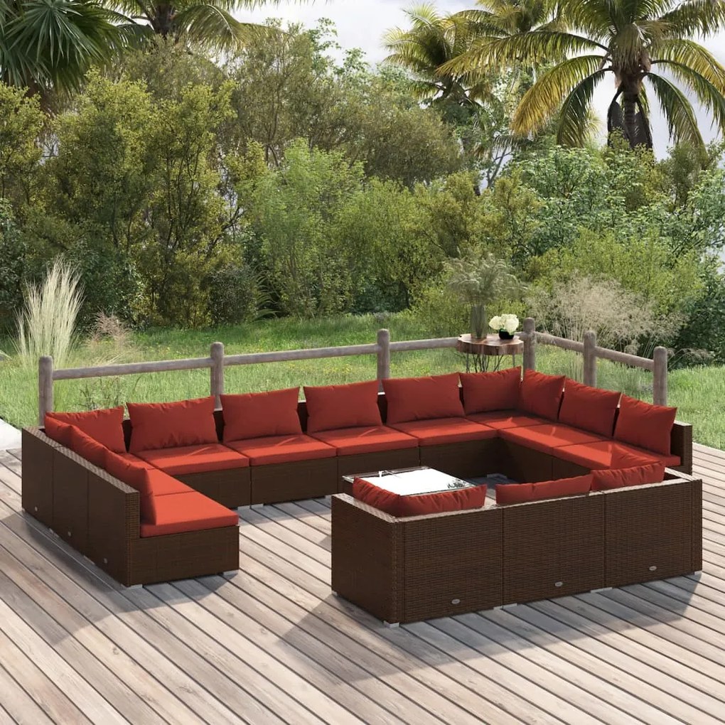 vidaXL 14 pcs conjunto lounge jardim c/ almofadões vime PE castanho
