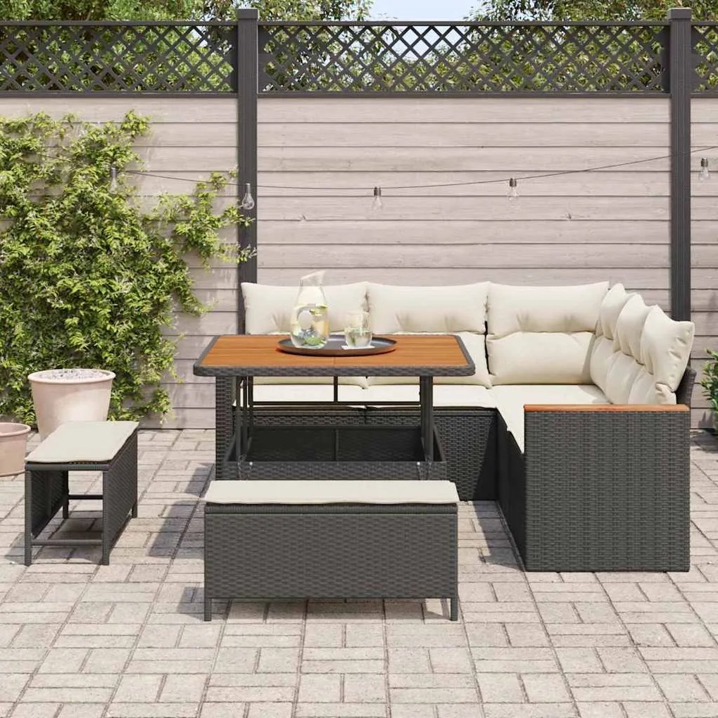 Conjunto de Sofá de Jardim de 8 Peças com Almofadas Preto Rattan Polié