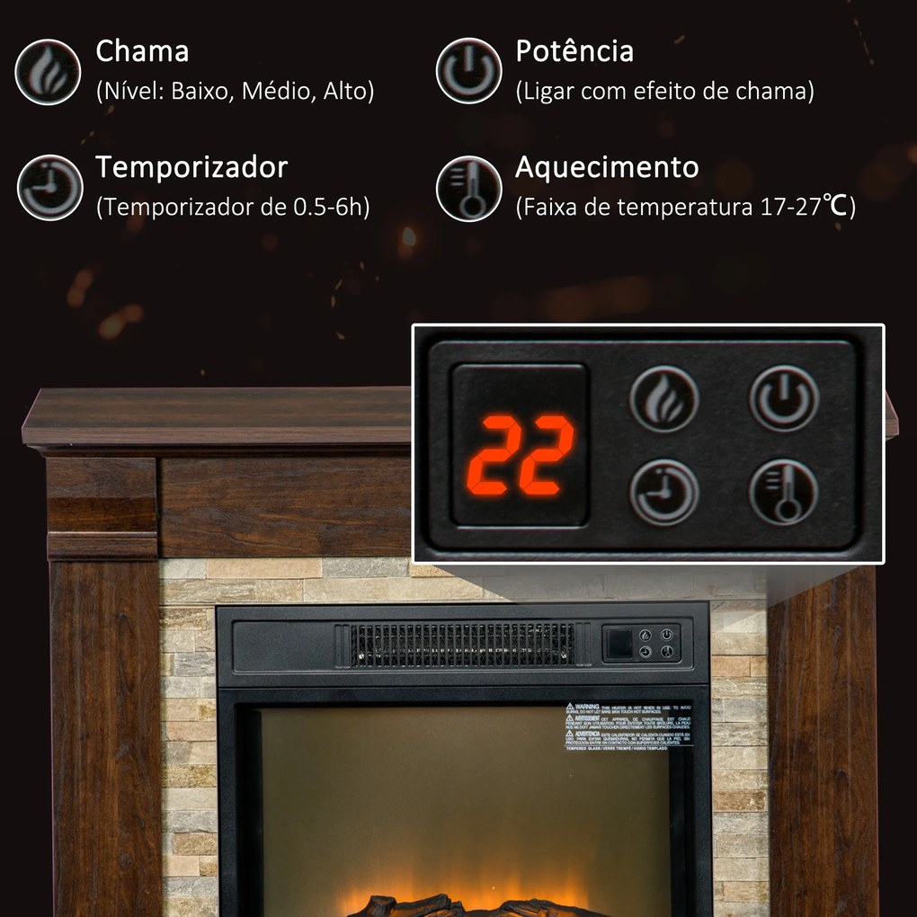 HOMCOM Lareira Elétrica 1800W Lareira com Efeito de Chama Realista Controlo Remoto Temporizador e Proteção Contra Superaquecimento para Ambientes de 30 m² 80x21,6x67,8 cm Marrom