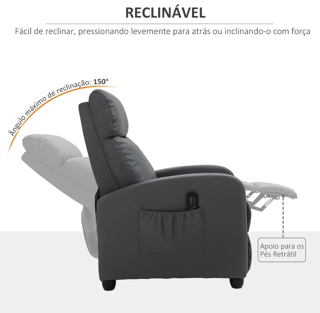 Poltrona de Massagem Poltrona Relax Reinclinável com Controle Remoto 2 Zonas de Massagem 8 Programas 5 Níveis de Intensidade Estofado em PU 68x88x98cm