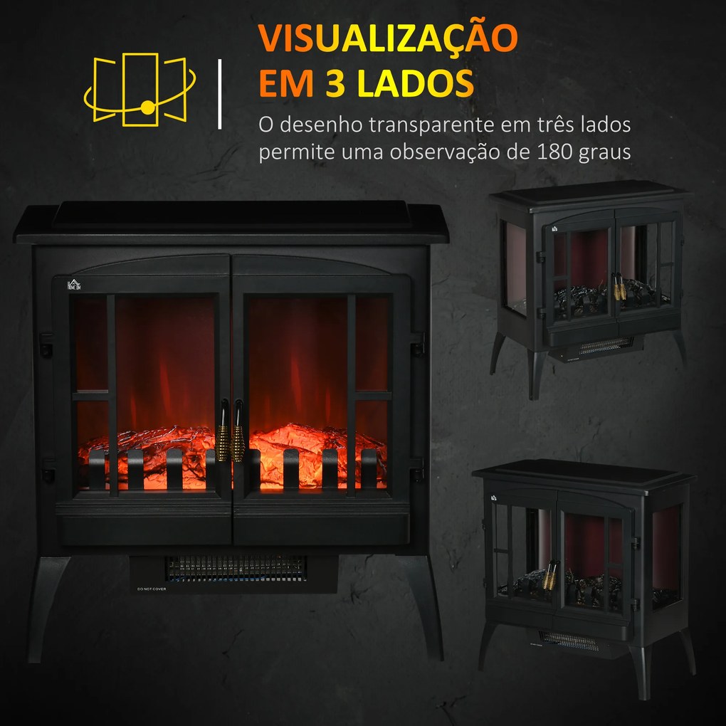 Lareira Elétrica 1000W/2000W com Luzes LED Chamas Realistas e Proteção Contra Superaquecimento para 15-20 ㎡ 60x37x60,5 cm Preto