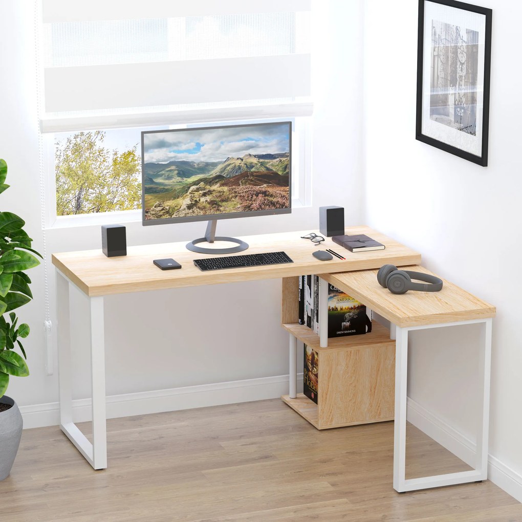 HOMCOM Secretária em forma de L Mesa giratória de 360º para computador várias formas com prateleira de 2 níveis em S Grande espaço de armazenamento 220x55x76 cm Carvalho