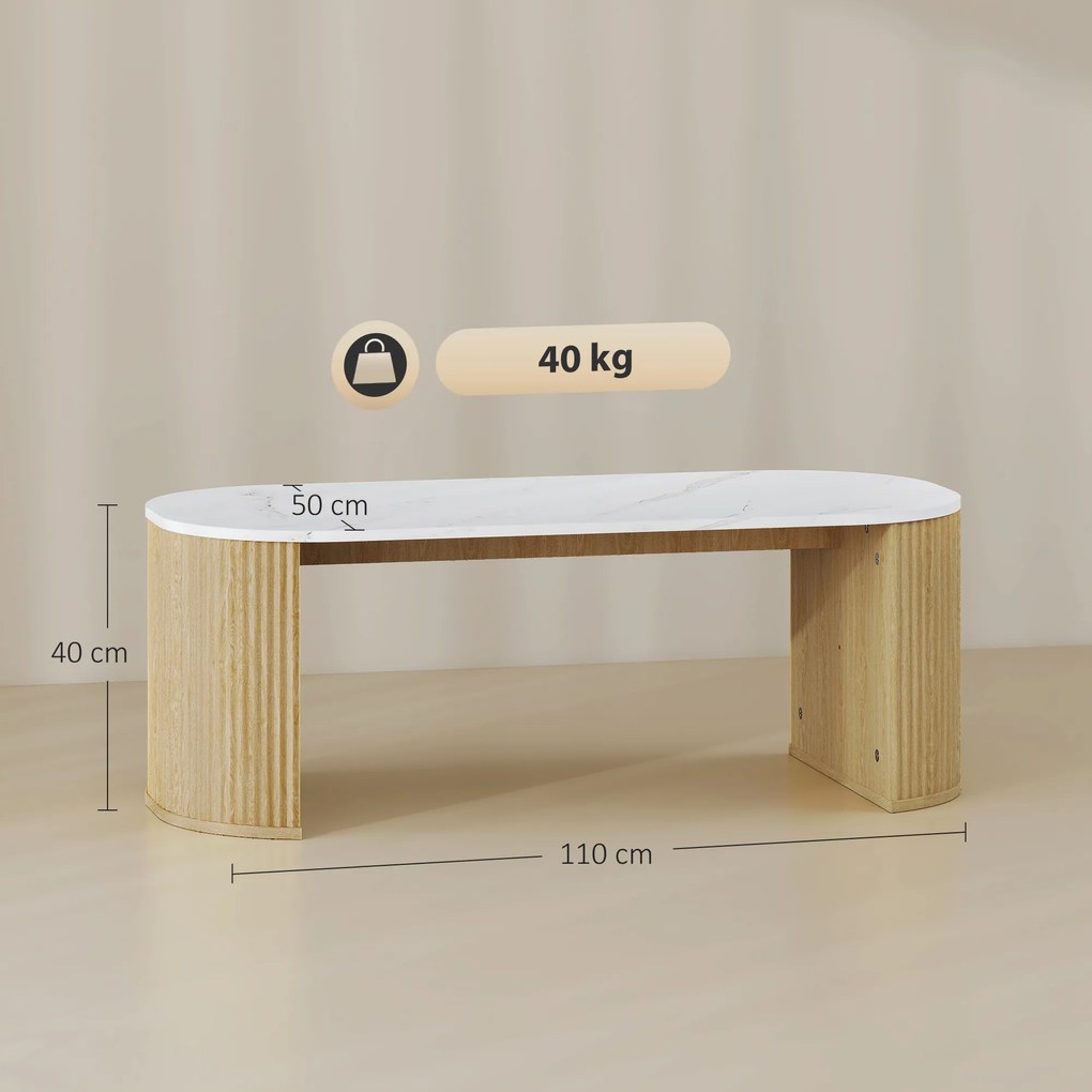 Mesa de centro oval 110 x 50 x 40 cm, mesa auxiliar com efeito de mármore, cantos arredondados e pés grossos, branca e castanha