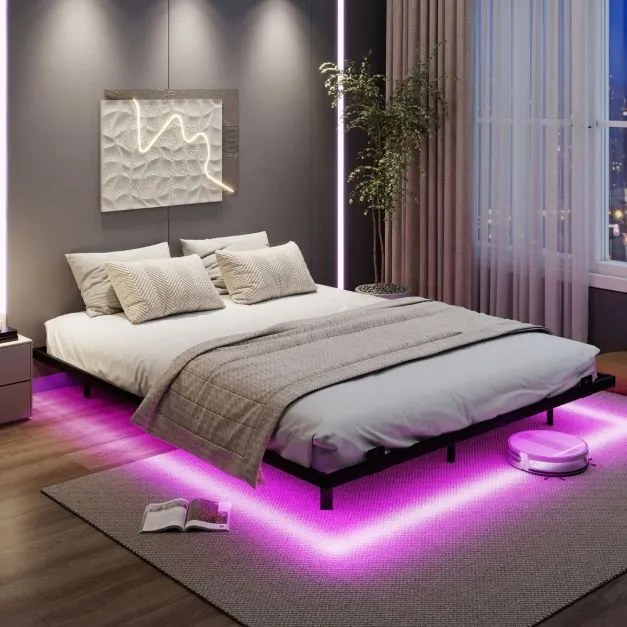 Estrutura de cama flutuante com luzes LED 200 x 160 x 24,5 cm de metal para colchão (COLCHÃO NÃO INCLUIDO) Base de ripas Somier preto