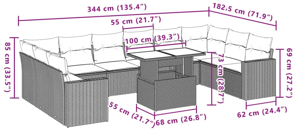 11 pcs conjunto sofás de jardim c/ almofadões vime PE bege