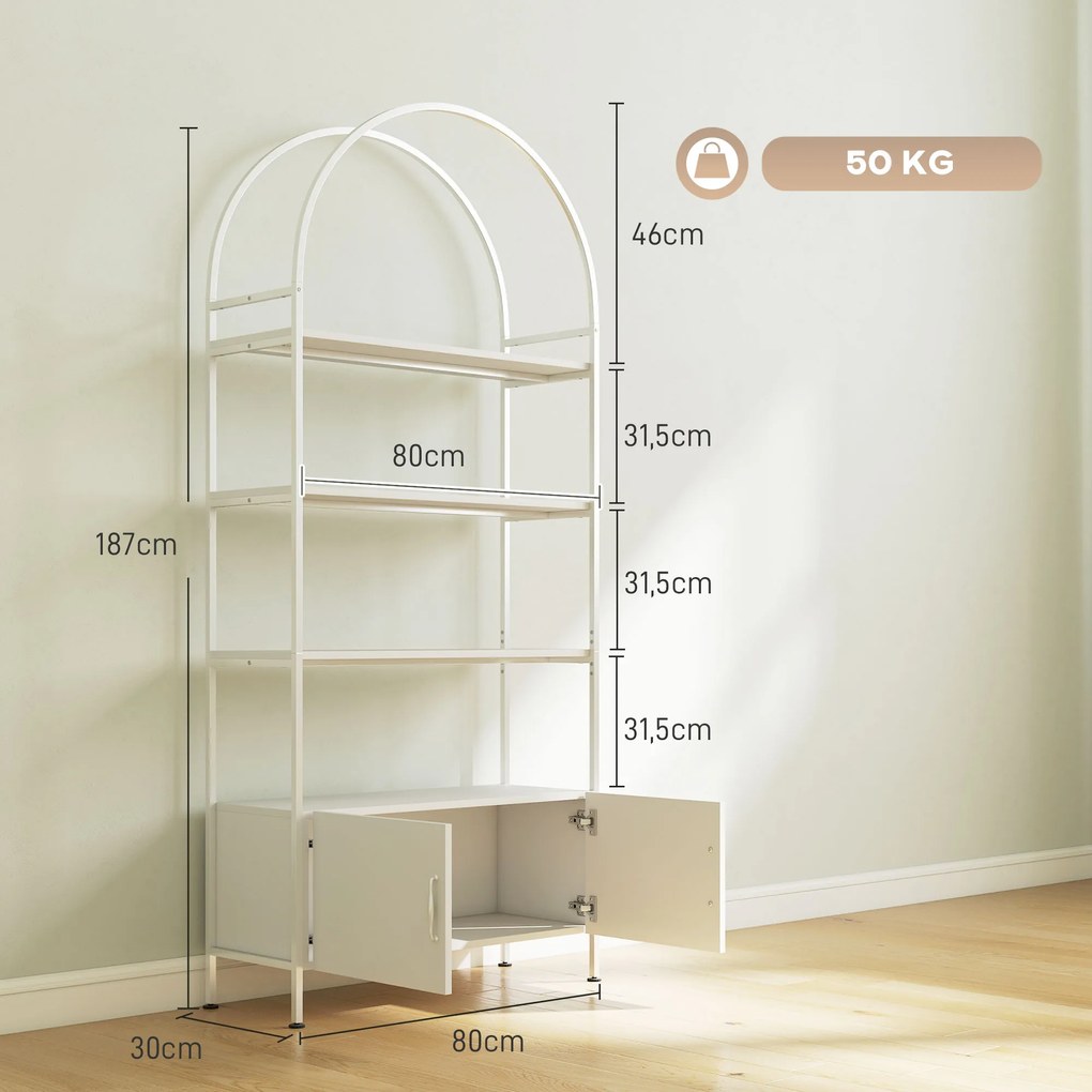 Estante de arrumação, estante arqueada de 4 prateleiras com armário de duas portas, 80 x 30 x 187 cm, branca