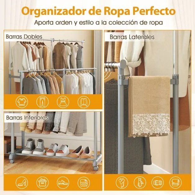 Cabideiro Duplo com Rodas, Altura Ajustável e Largura Extensível, Metal Resistente para closet, Lavandaria ou Sala 140-195 cm Cinza