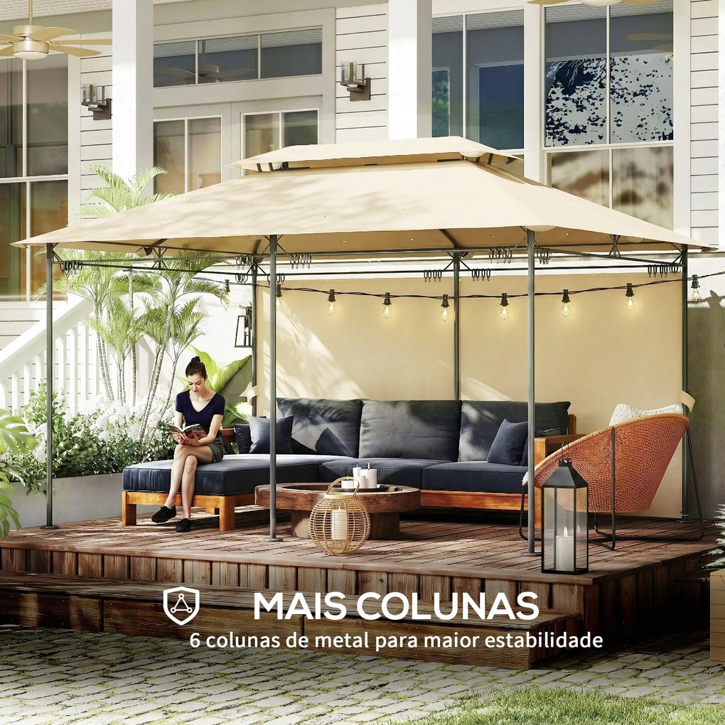 Pérgola de Jardim 397x297x265 cm Pérgola de Exterior com Teto Duplo Paredes Laterais Resistente a Água Bege