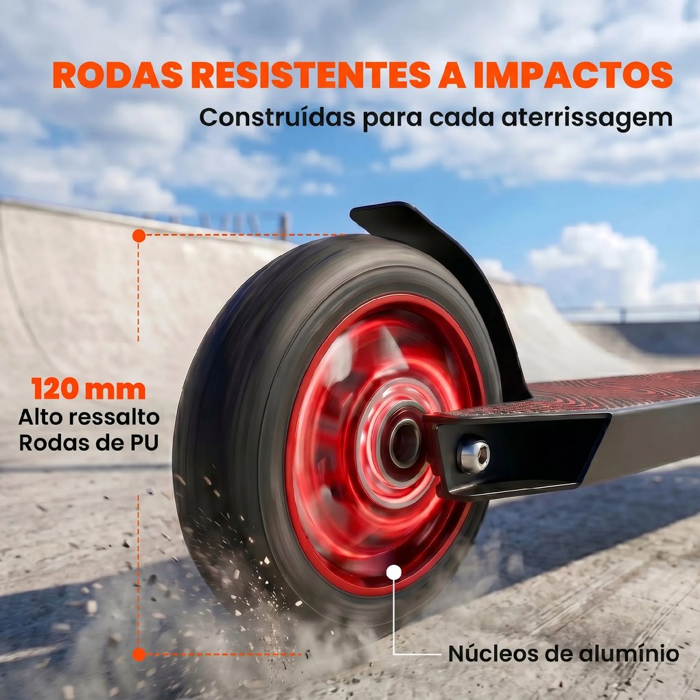 Trotinete Acrobática com Guiador 360° Rolamentos ABEC-9 Rodas de PU de 120 mm Estrutura de Alumínio 66x47x81 cm Vermelho