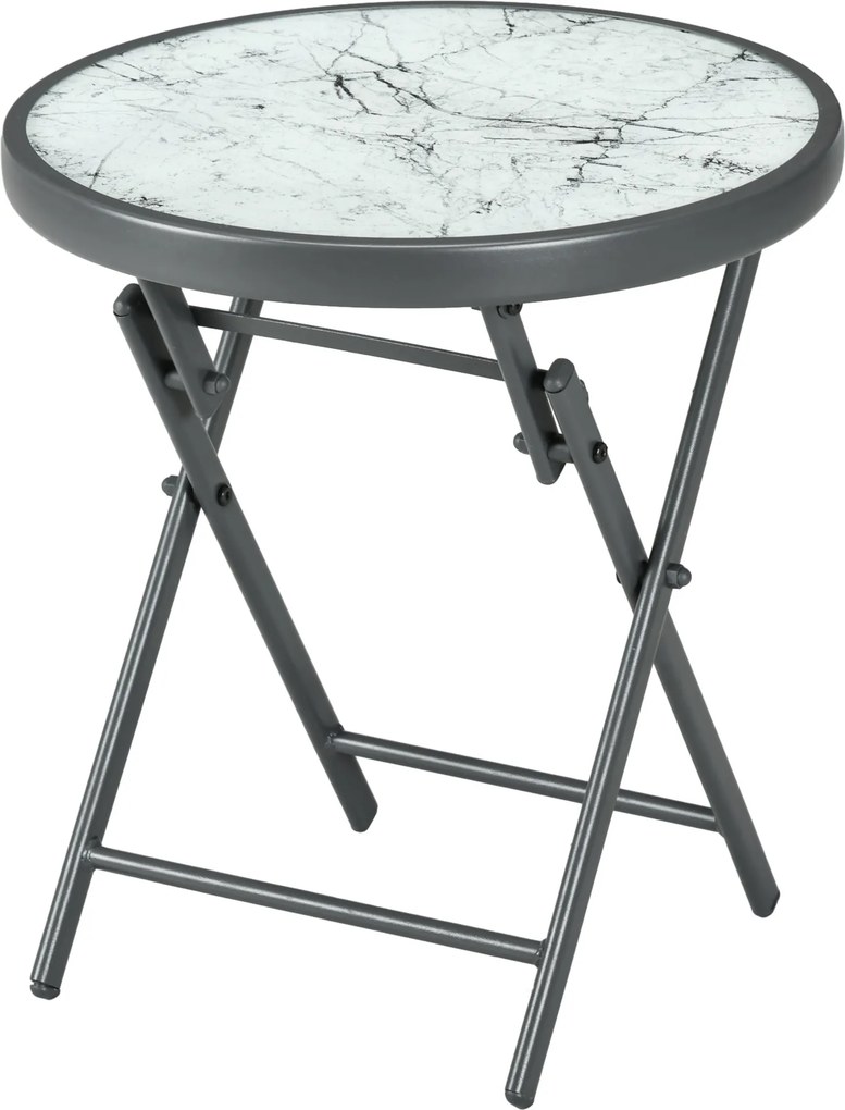 Mesa de jardim dobrável Ø45 x 50 cm, mesa auxiliar dobrável, tampo em vidro temperado com efeito mármore, estrutura redonda em metal, , cinzento escur