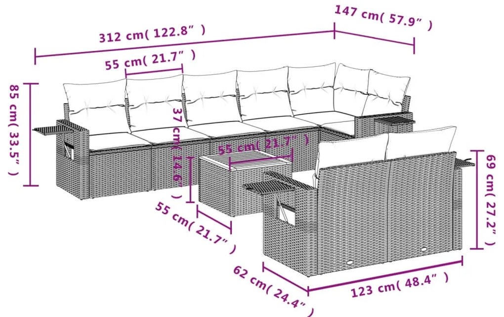 9 pcs conjunto sofás p/ jardim com almofadões vime PE cinzento