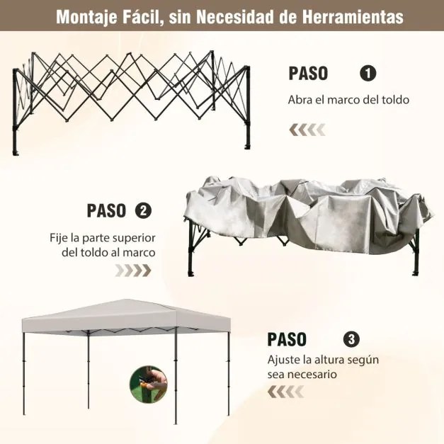Tenda Pop Up, Jardim, Festas, eventos 360 x 220 x 240-270 cm com Bolsa de Transporte 9 Estacas 4 Cordas de Vento Bege