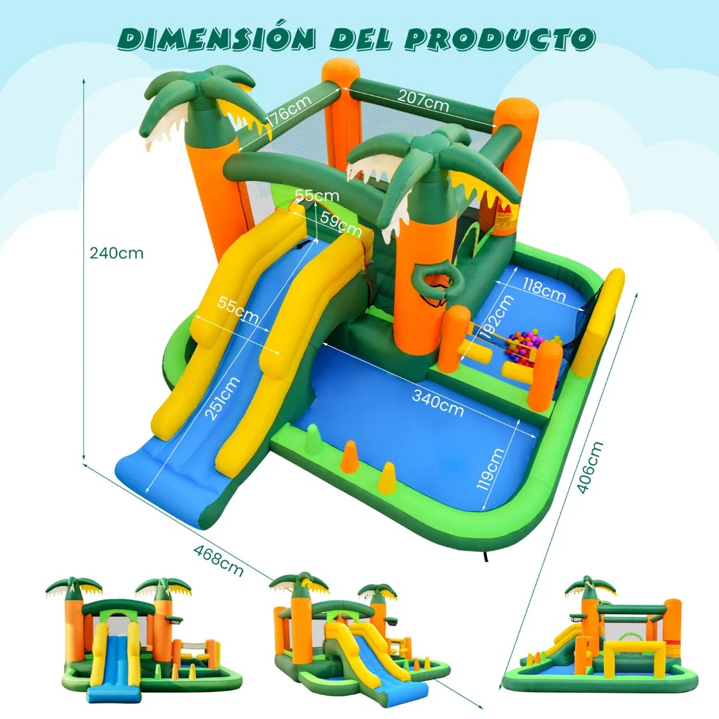 Castelo insuflável com tema palmeira tropical 8 em 1 com Ventilador de ar 2 piscinas de bolas baliza Futebol e vôlei 468 x 406 x 240 cm Multicolorido