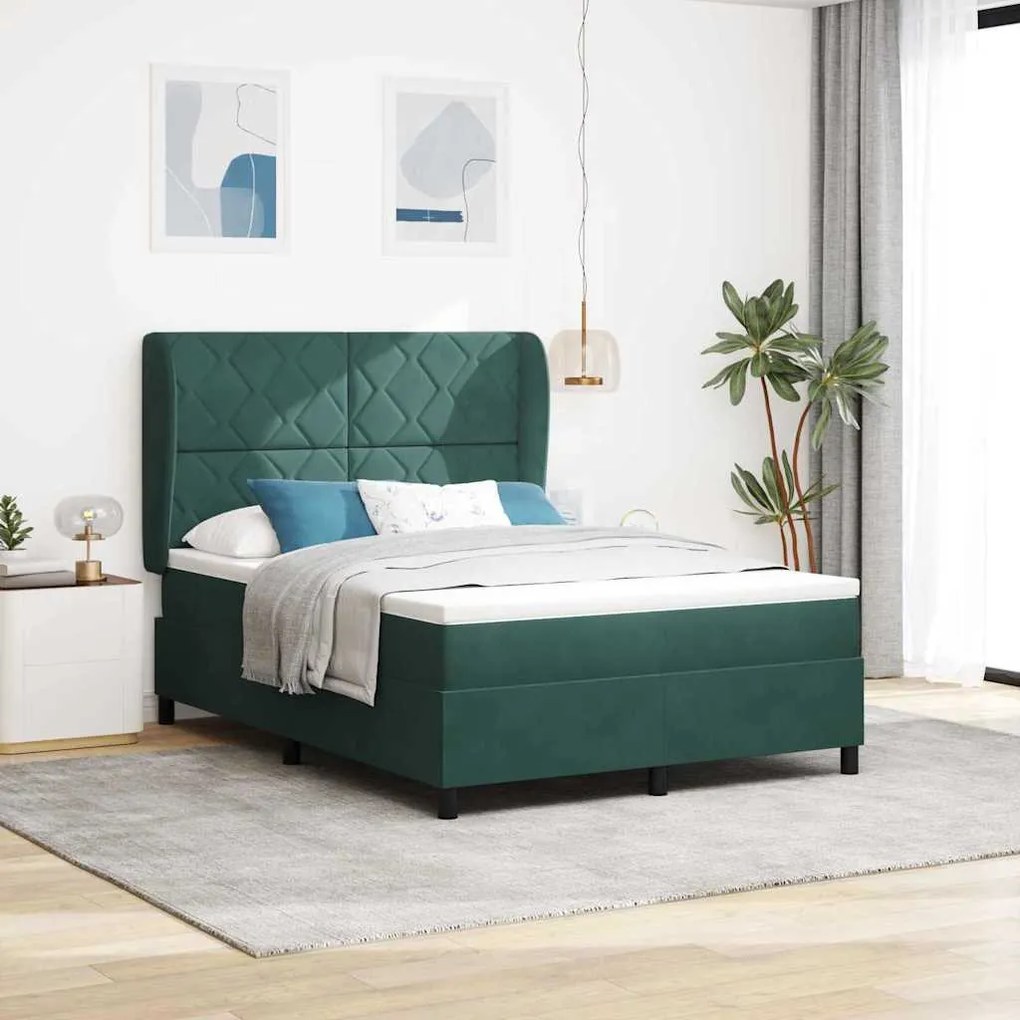 vidaXL Cama Box com Colchão - Verde Escuro, 140x200 cm, Veludo
