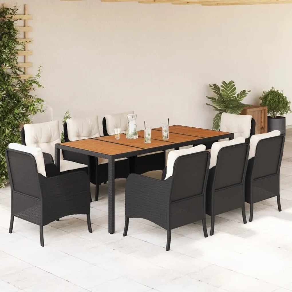 vidaXL 9 pcs conjunto de jantar p/ jardim c/ almofadões vime PE preto