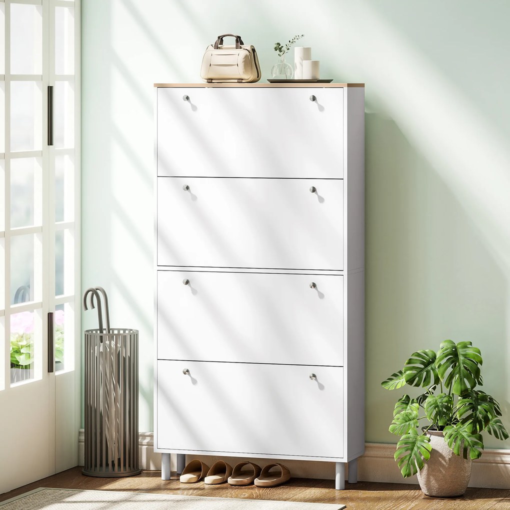 Sapateira para 32 Pares, 80 x 23,5 x 157 cm, 4 Gavetas Basculantes, Branco e Carvalho
