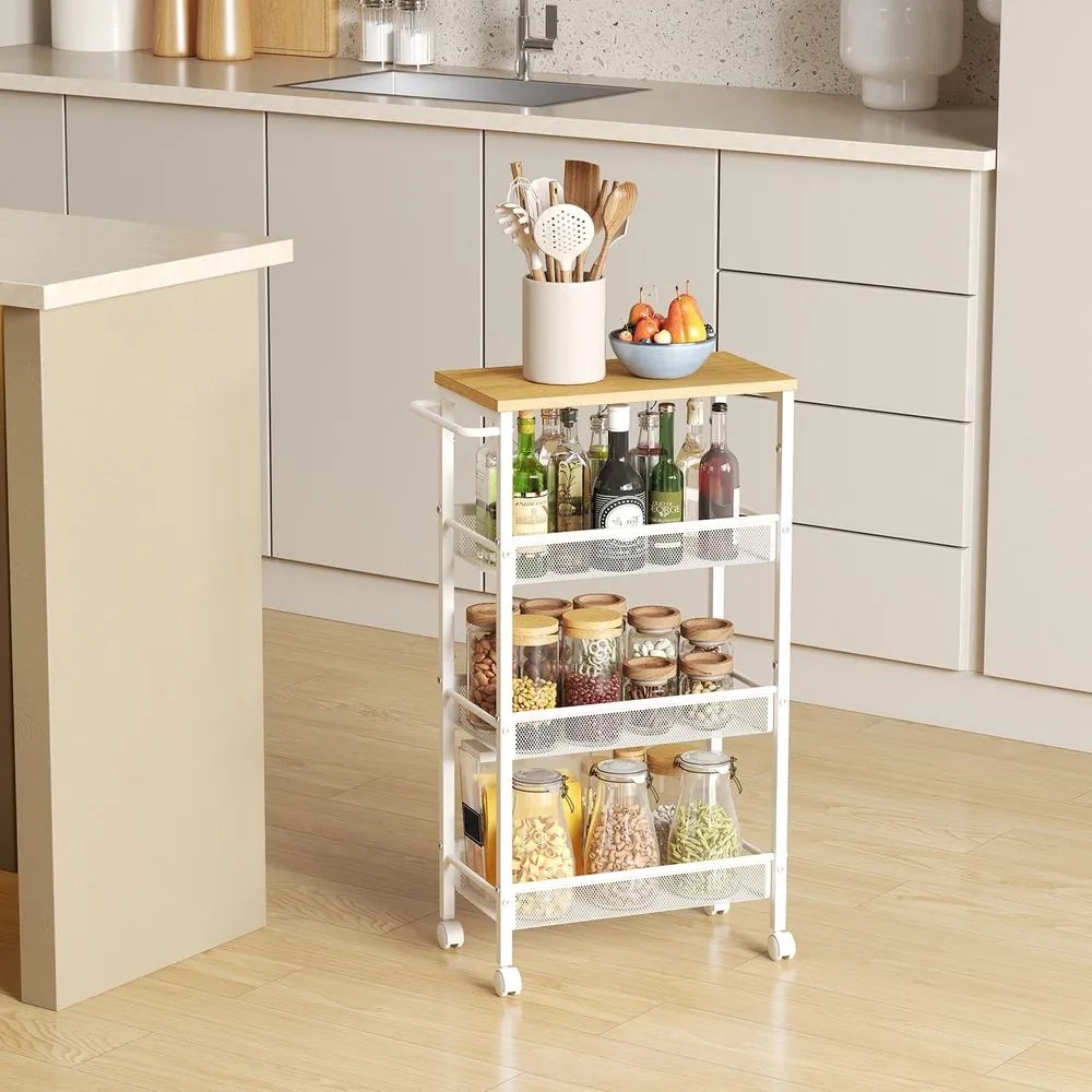 Carrinho cozinha 4 níveis estreito com rodas 22 x 45,4 x 77 cm cor carvalho e  branco