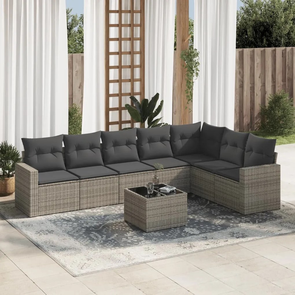 8 pcs conjunto sofás de jardim c/ almofadões vime PE cinzento