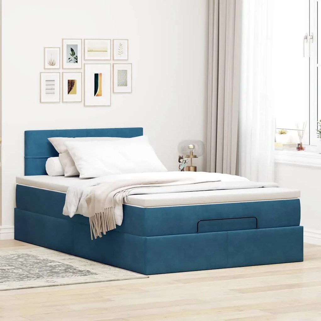 Cama otomana com colchão 120x190 cm veludo azul-escuro