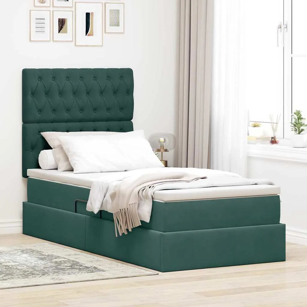 vidaXL Cama com arrumação e colchão Verde Escuro 90 x 190 cm Veludo
