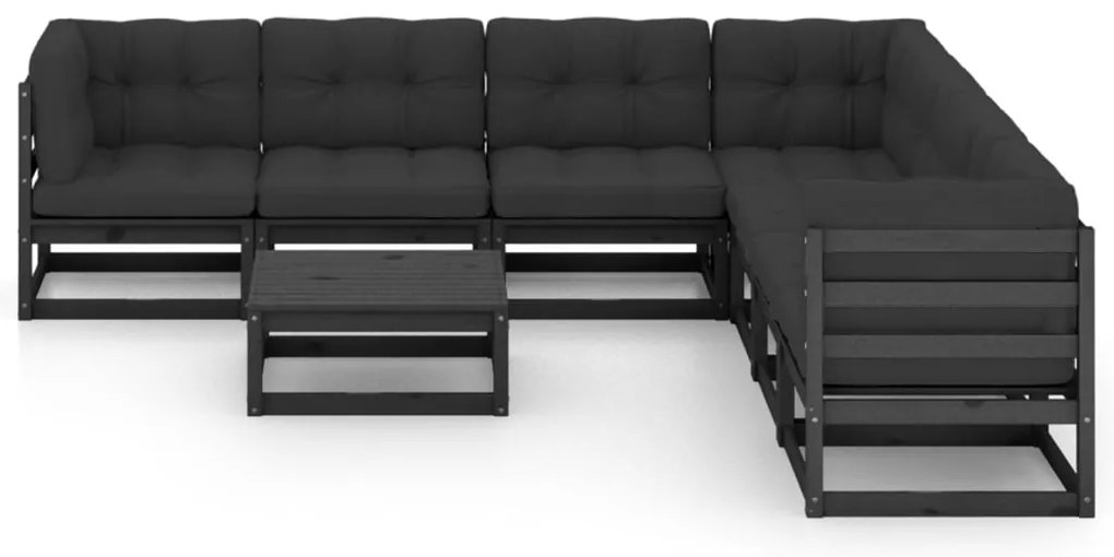 8 pcs conjunto lounge jardim c/ almofadões pinho maciço preto
