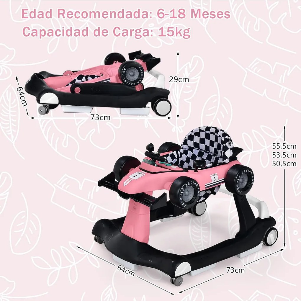 Andarilho 4 em 1 para crianças dobrável para actividades de empurrar com altura e velocidade ajustáveis Carrilhão com luzes Volante Rosa
