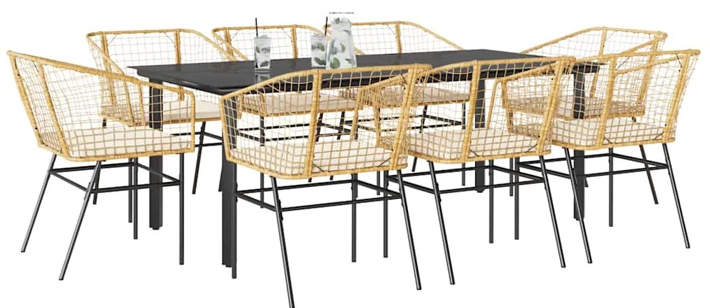 Conjunto jantar jardim 9 peças almofadas vidro vime PE castanho